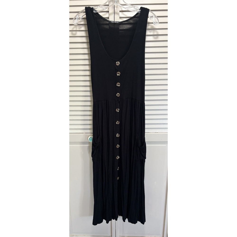 Hippie Chic Black Sleeveless Tank Maxi Dress Size L Button Down Flowy Pockets